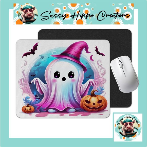 Mouse Pad Pink Ghost Jack O Lanterns Black Bats Halloween Sublimated Anti Slip - Picture 1 of 4